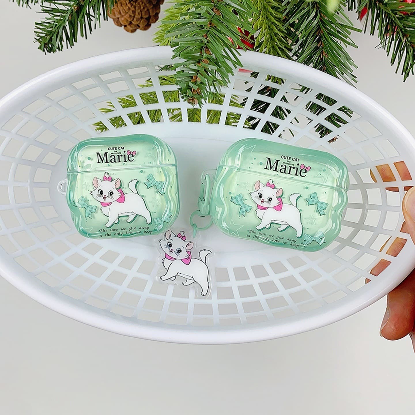 Mint Green Bow Marie Cat Case for AirPods Pro 2, Apple 2/3 Gen, AirPods Pro 3