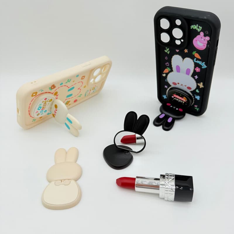 New 360-degree Rotating Rabbit Makeup Mirror Phone Stand Desktop Foldable Stand with Painted Logo Material in Stock