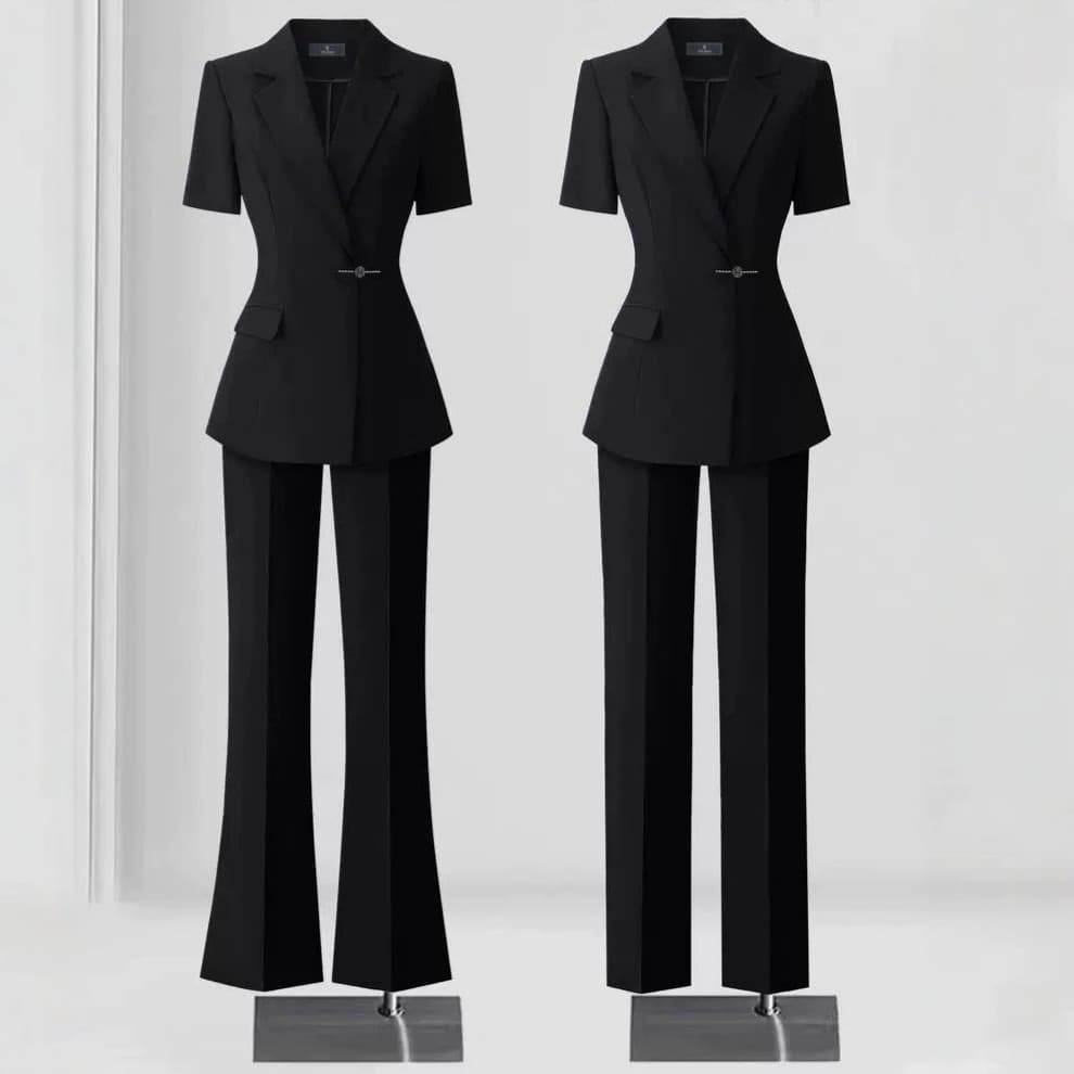 Black Professional Short-Sleeved Suit for Women, New Summer Style Hotel Front Desk Work Attire, Thin Suit for Reception