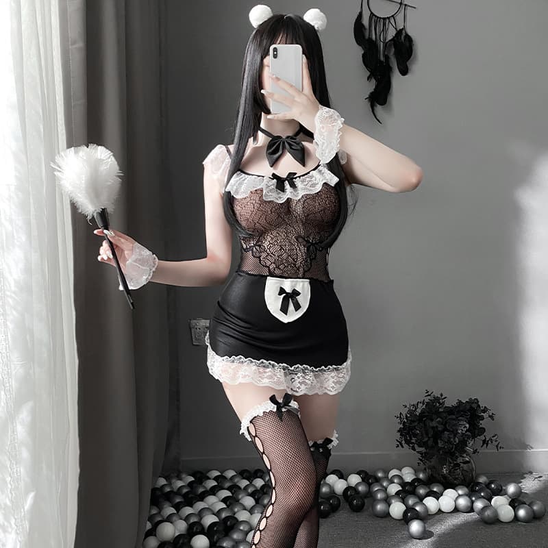 Sexy Lingerie Sweet Maid Mesh Dress Set Black Stockings Temptation Uniform Cross-border Wholesale Maid 7444