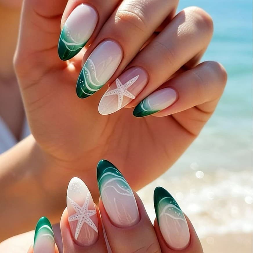 Cross-Border Hot-Selling Summer French-Style Wearable Nails, New Beach Starfish Almond-Shaped Nail Tips, Gradient Press-On Nails