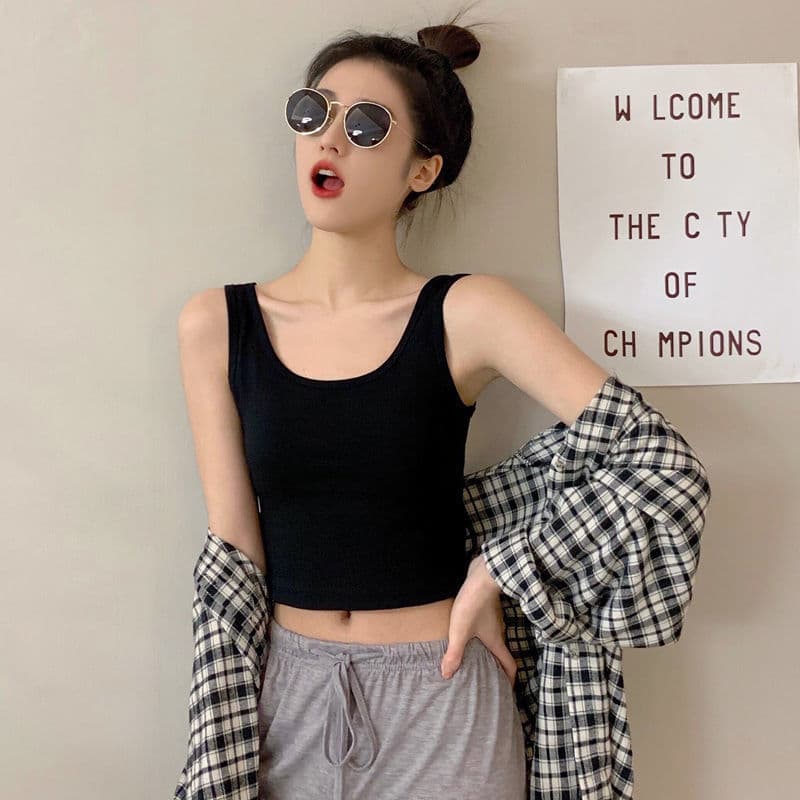 Women's Black Camisole Top, Spring/Summer Short Sleeveless T-Shirt, U-Neck Racerback Tank Top, Cotton Undershirt, Outerwear