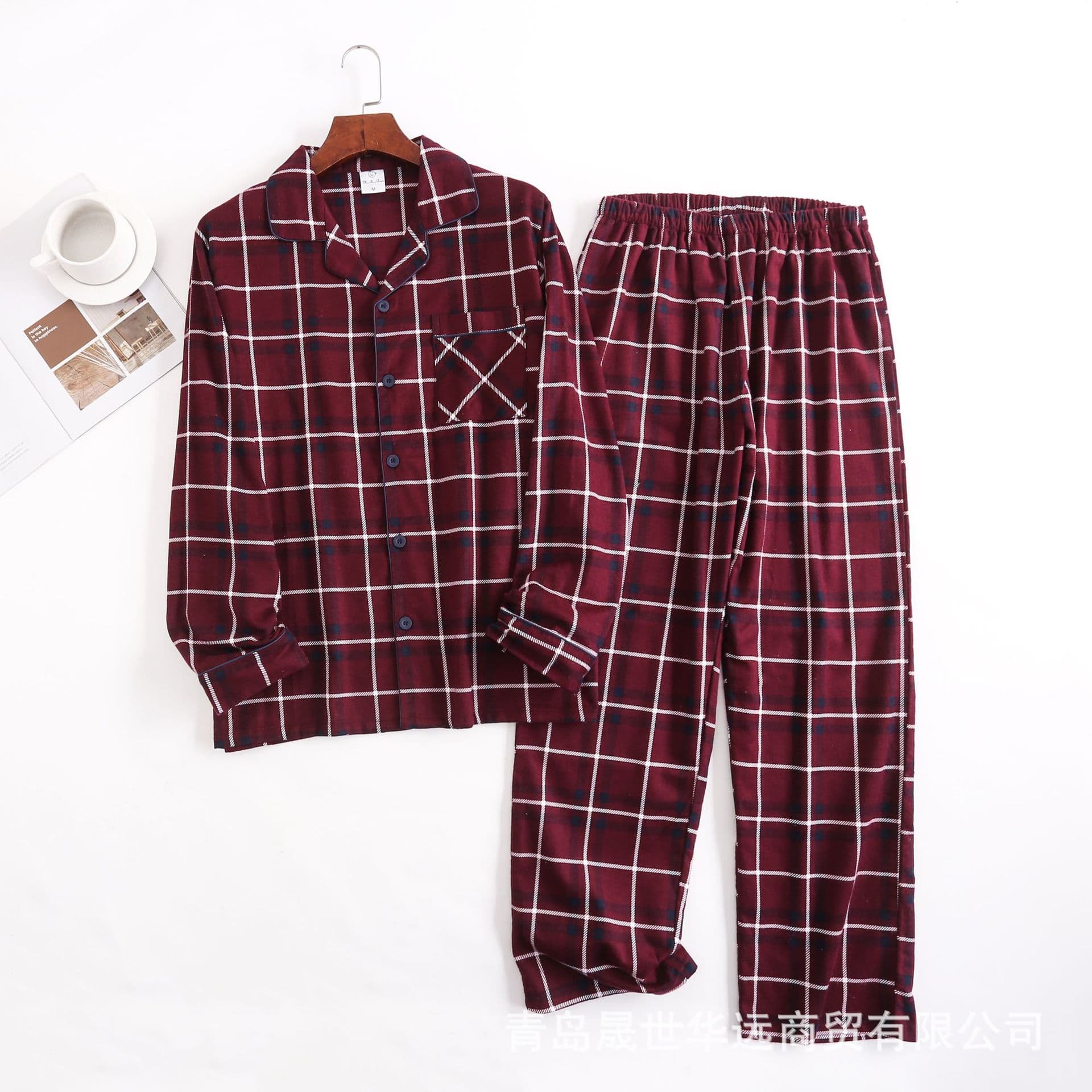 Pure cotton flannel long-sleeved trousers men's loose pajamas spring and autumn suit plaid flannel large size plus size home clothes