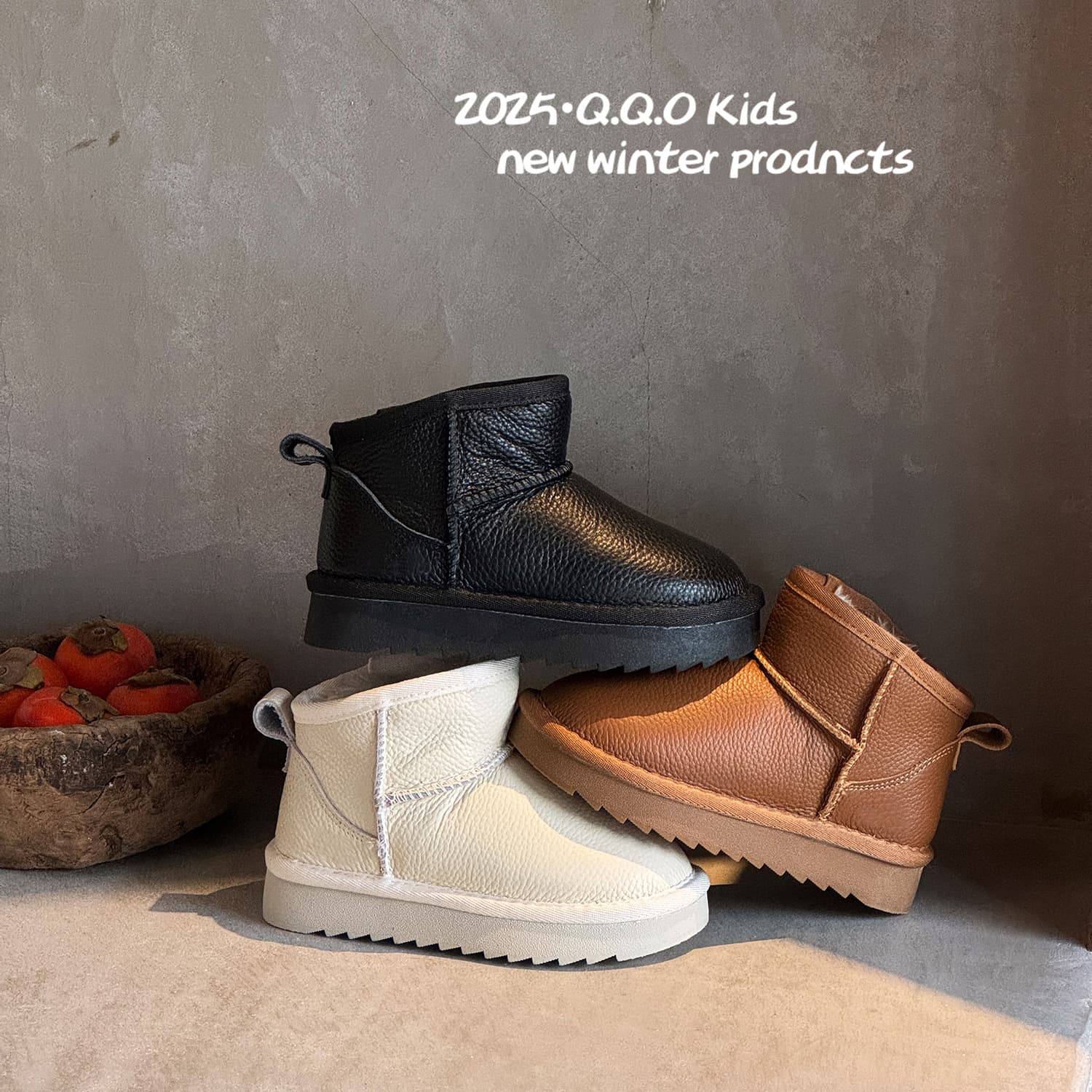 Qqo Children's Shoes 2025 Winter Boys' Genuine Leather Snow Boots Girls' Large Cotton Shoes Waterproof Non-Slip Fleece-Lined Thickened Short Boots