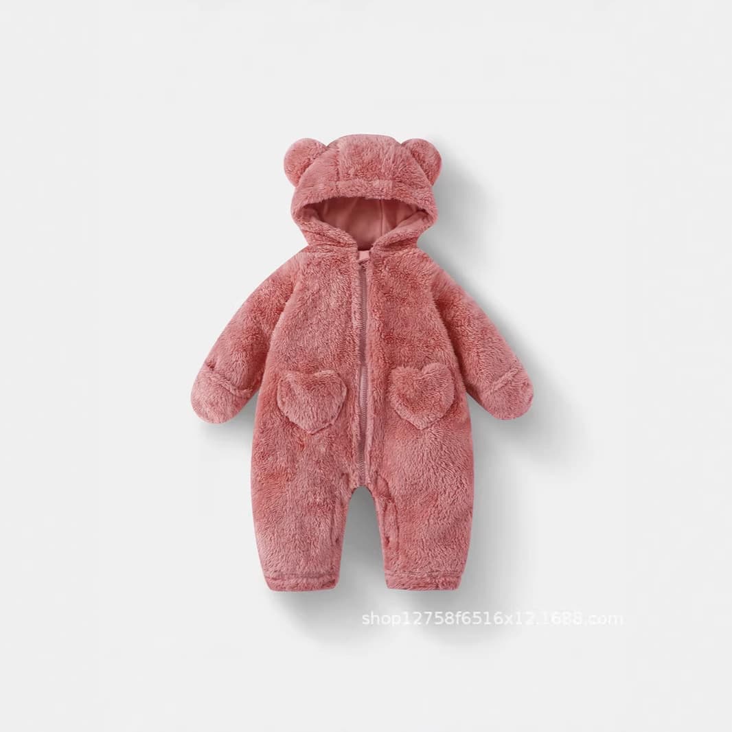 Baby Fleece Romper, Warm Bear Hooded Bodysuit, Children's Pajamas with Fleece Outerwear