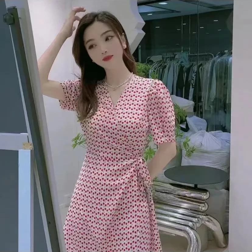 Cherry one-piece dress for women, floral collar, waist skirt, Korean style chiffon slimming leg length skirt