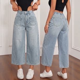 Amazon Temu Light Blue Wide Leg Cropped Jeans High Waist Back Elastic Waist Denim Cropped Pants In Stock Wholesale
