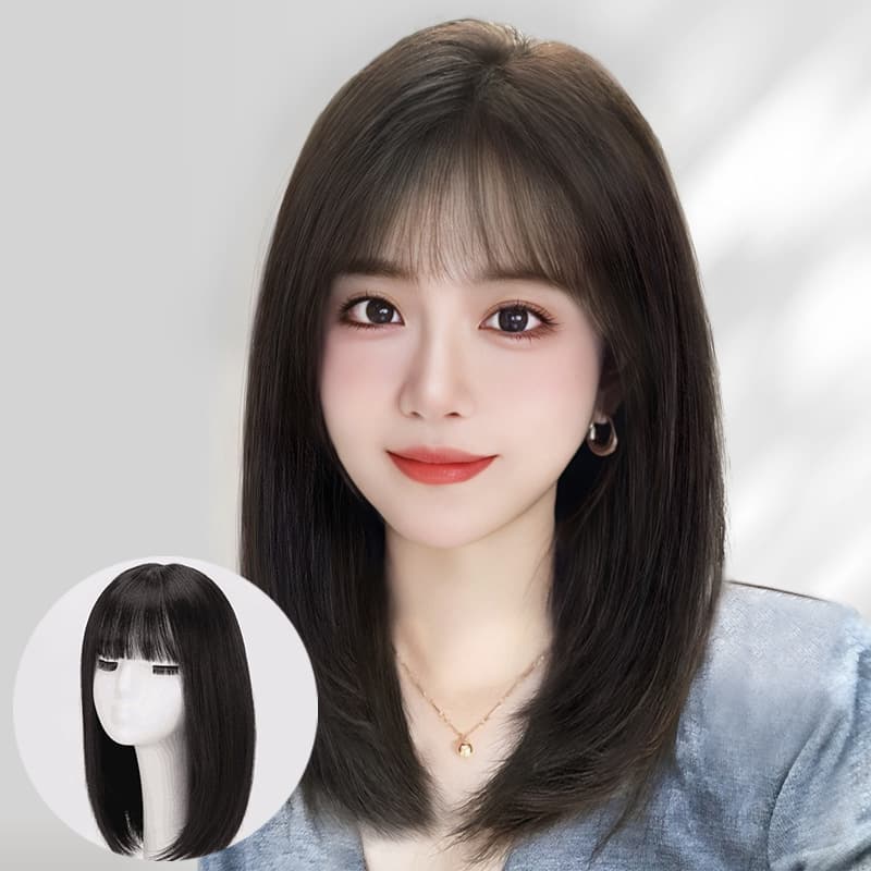 Real Hair Clavicle Length Full Wig for Women, Breathable 100% Human Hair, Needle-Pierced Parting, Seamless, Ponytail-Ready Long Straight Wig