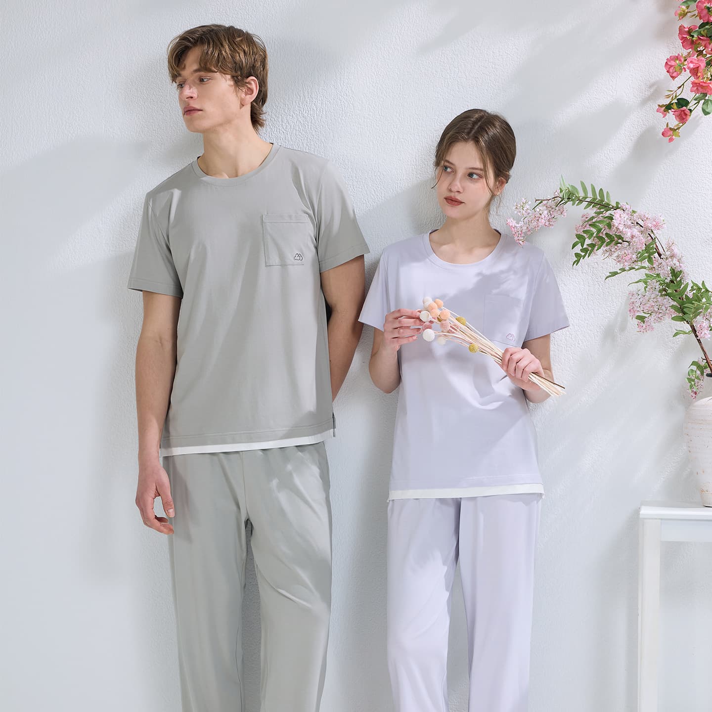 Brand Factory Spring and Summer Knitted Stretch Couple's Lenzing Modal Cotton Short-Sleeve Long Pants Men's Loungewear Suitable for Outdoor Wear