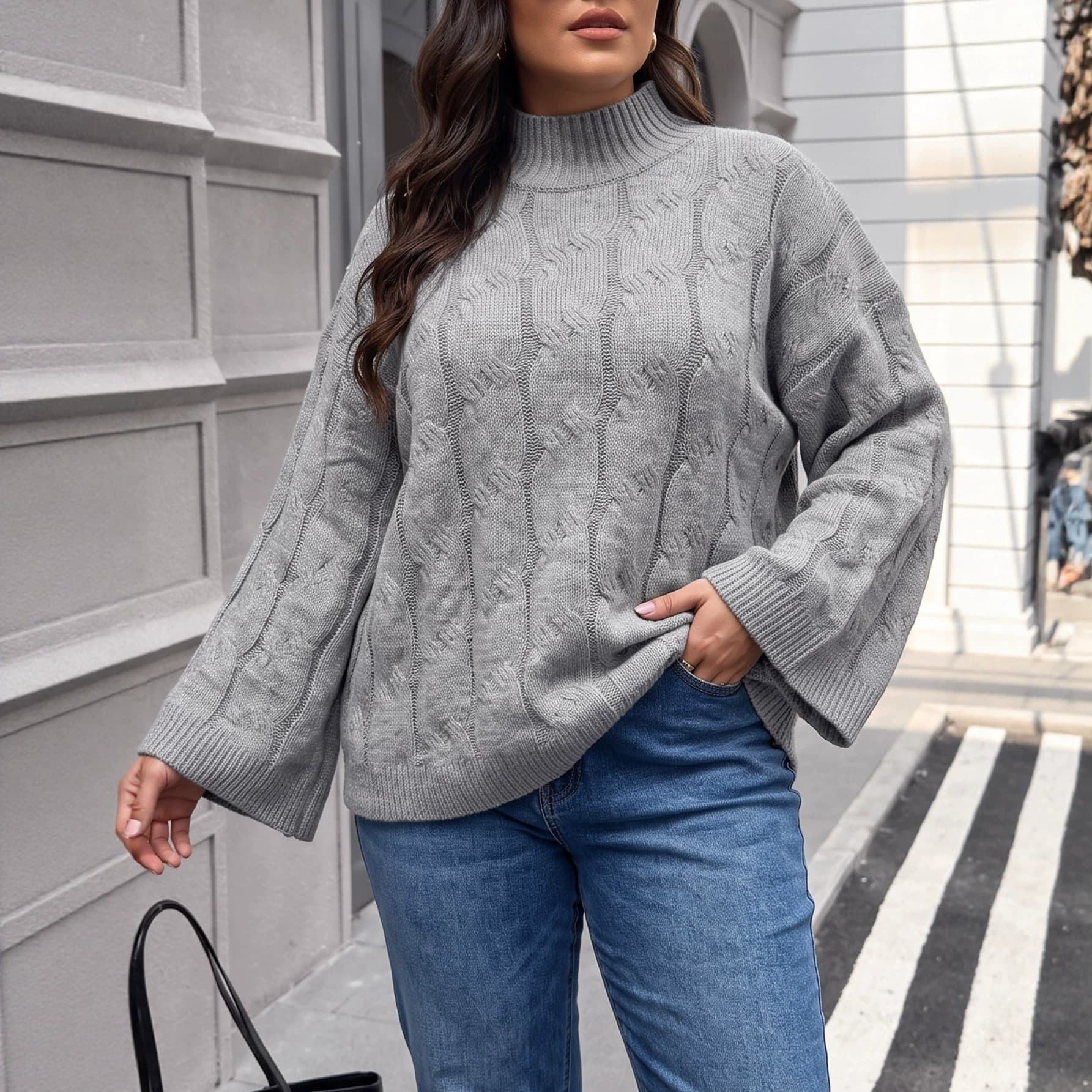 Cross-border European and American plus size women's autumn and winter new loose pullover trumpet sleeves half turtleneck twist knitwear