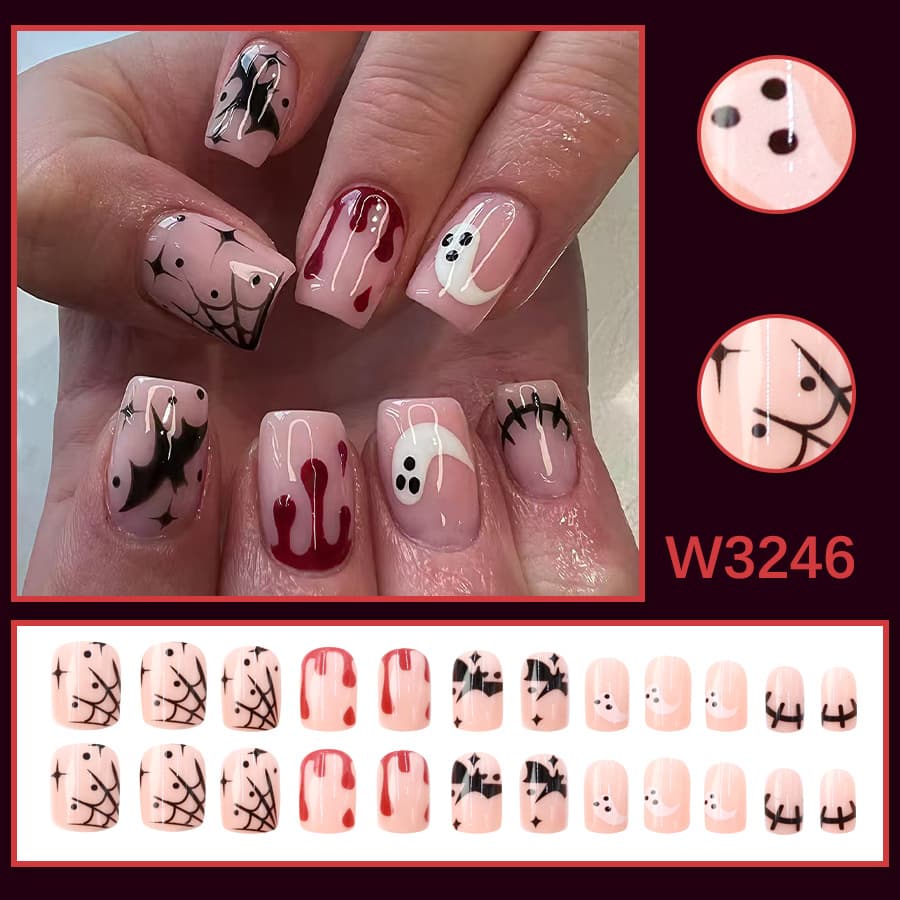 Sweet Cool Blood Drop Ghost Bat Wearable Nails Nude Pink Short Square Halloween Spider Web Festival Nails Wholesale Available