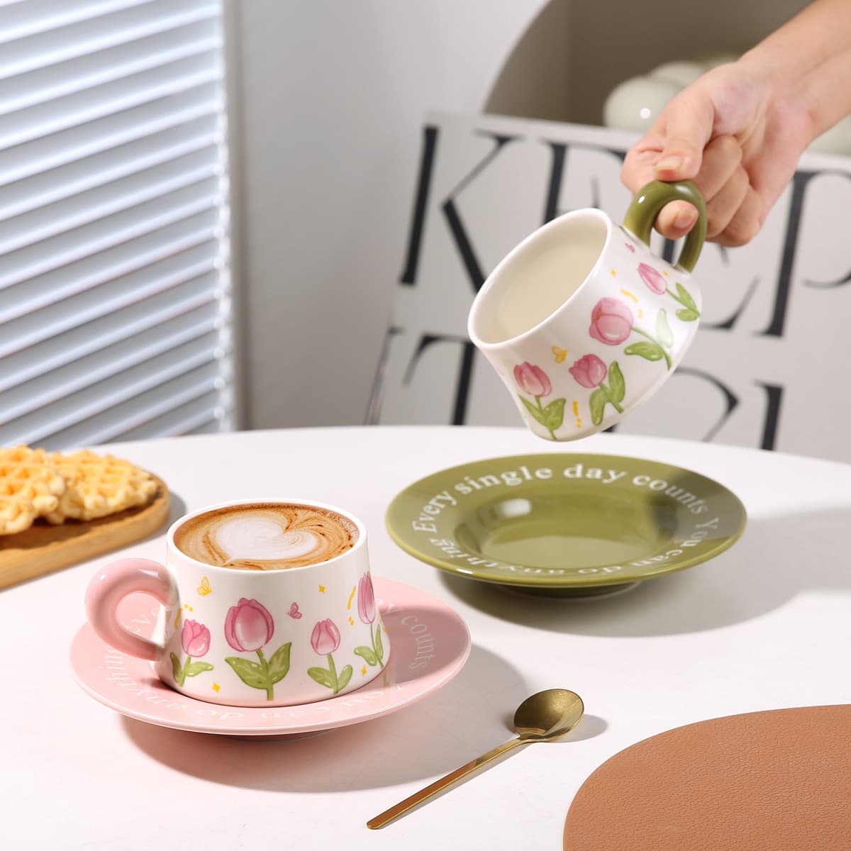 Tulip Coffee Cup and Saucer Set, High-Aesthetic Flower Ceramic Cup, Designed for Women, Birthday Gift, Wedding Favor