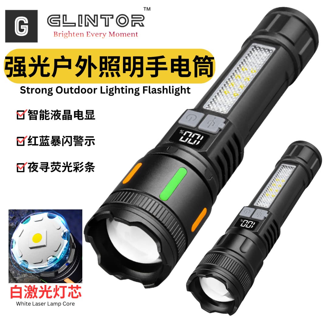Outdoor strong light flashlight typ-c rechargeable outdoor lighting flashlight with side light emergency cob warning work light