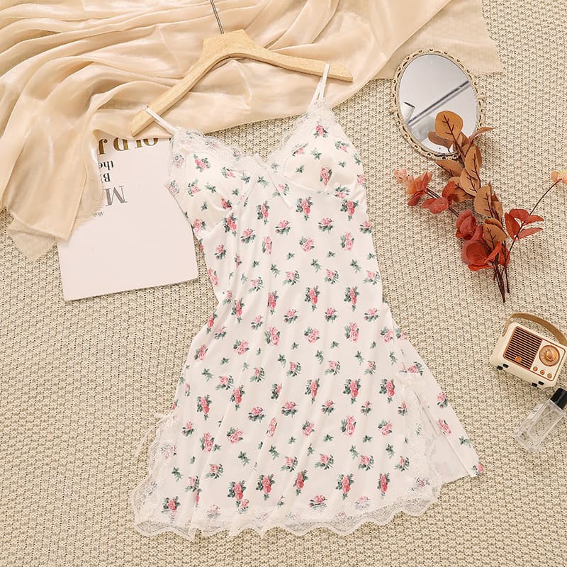 Summer Milk Silk Detachable Padded Bra Floral Print Camisole Sleep Dress for Women, Pure and Alluring Style, Lace Trim V-Neck Thin Sleep Dress
