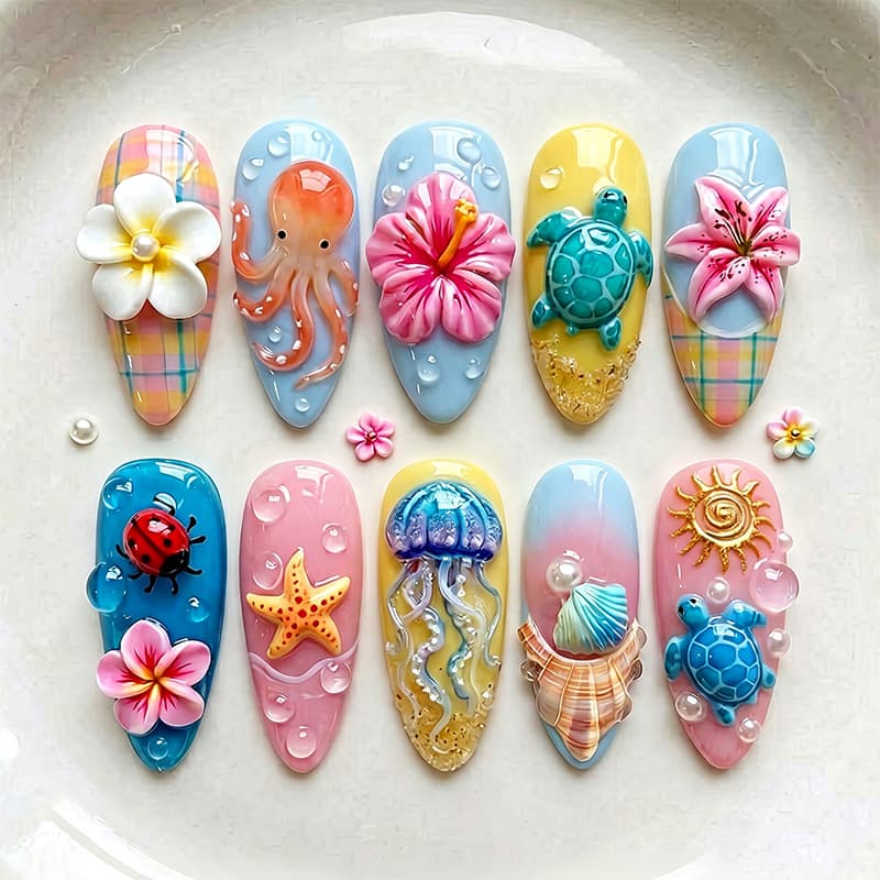 Export Almond-Shaped 3D Relief Handmade Press-On Nails, Shein Tume TK Hot-Selling Nail Art Stickers, 30 Pieces Fake Nail Tips