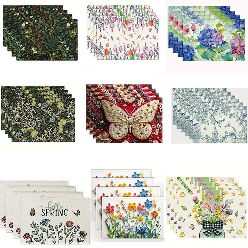 Cross-border Amazon temu spring and summer placemats hydrangea flower butterfly print dining table stain-resistant non-slip insulated placemats