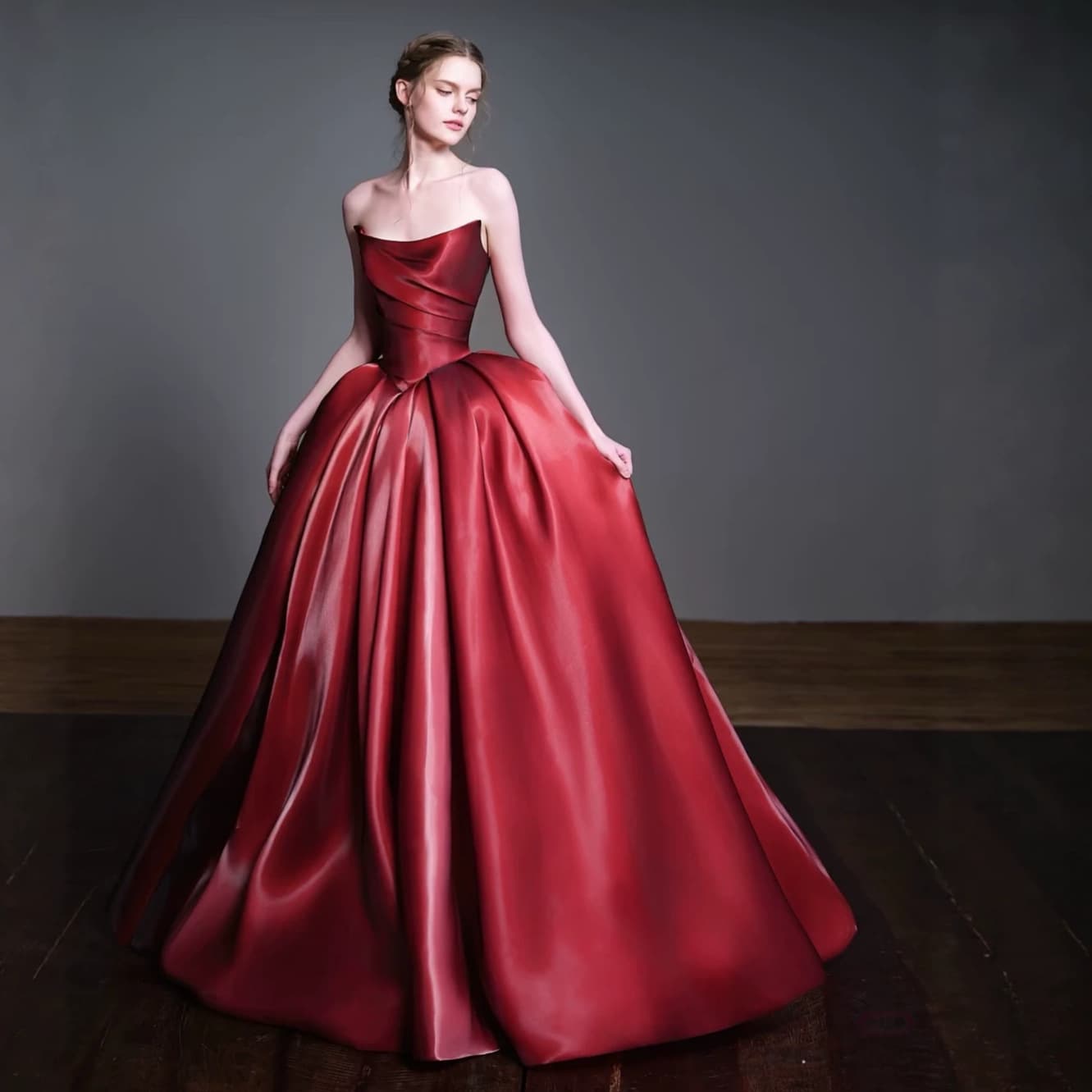 Wedding Dress French-Style Burgundy Evening Gown for Brides, Vintage Court-Style Strapless Host Evening Dress