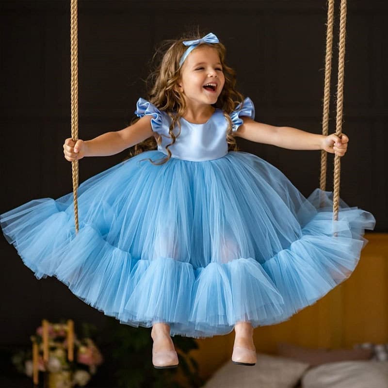 One-Year-Old Birthday Dress for Baby Girl TikTok Overseas Warehouse Birthday Party Little Girl Cute Blue Children's Princess Dress