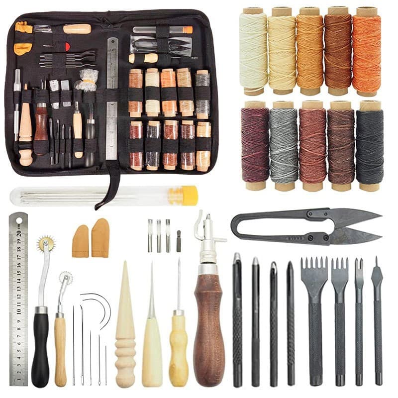 Handmade Leathercraft DIY Kit Zipper Packed High Carbon Steel Tools Wooden Handle Leatherworking Tools Set for Hand Sewing