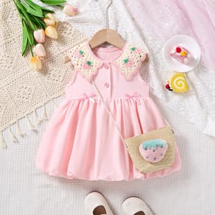 2026 New Summer Girls Dress Strawberry Embroidery Lapel Sleeveless Stylish Princess Dress with Strawberry Bag Wholesale