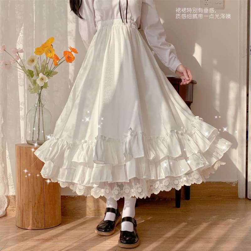 Japanese soft girl super fairy lace long skirt white fairy skirt high waist skirt female autumn and winter design niche skirt