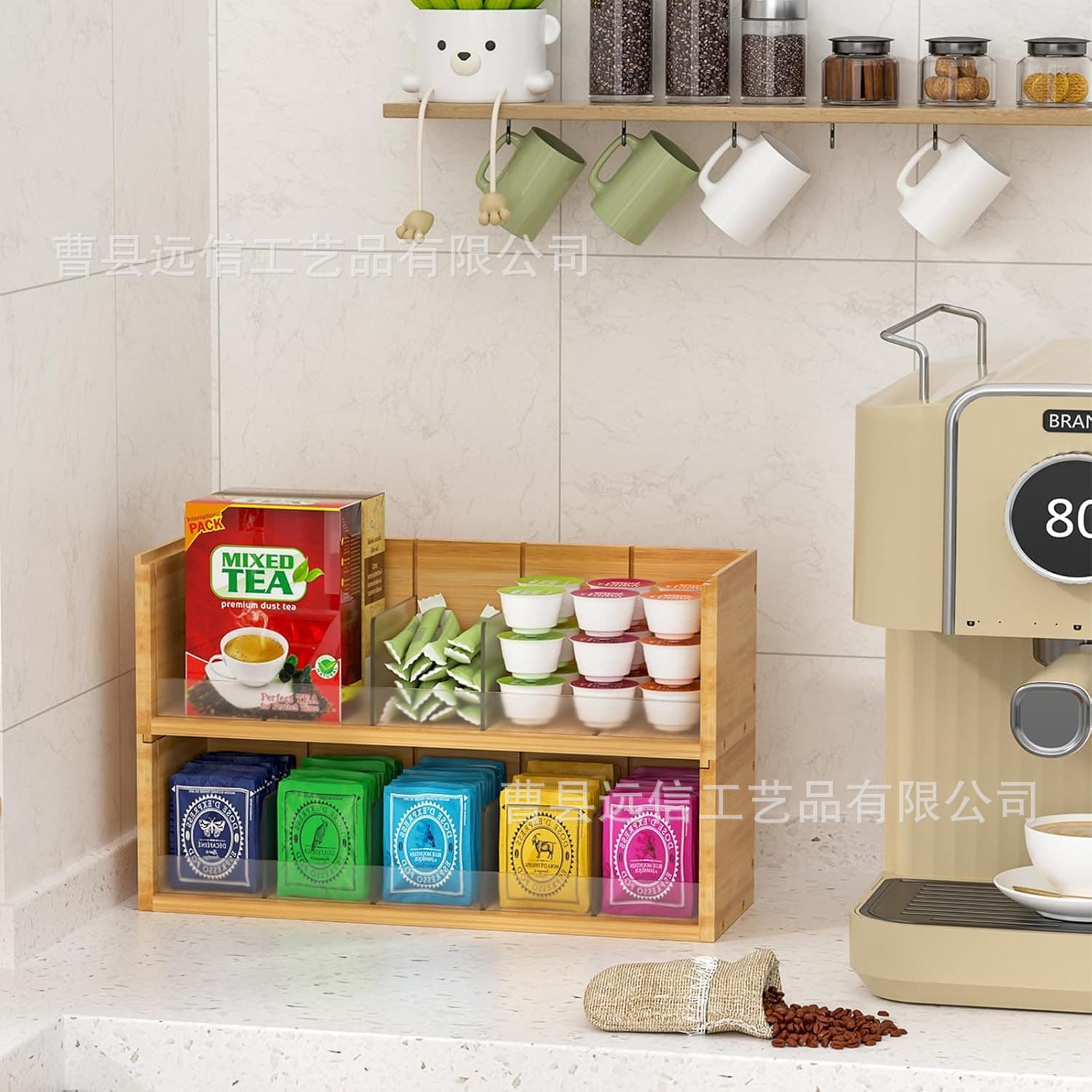 Bamboo Tea Bag Storage Box Countertop 2-Tier Stackable Tea Box Wall Mounted Tea Bag Rack Tea Storage Cabinet Solid Wood Box