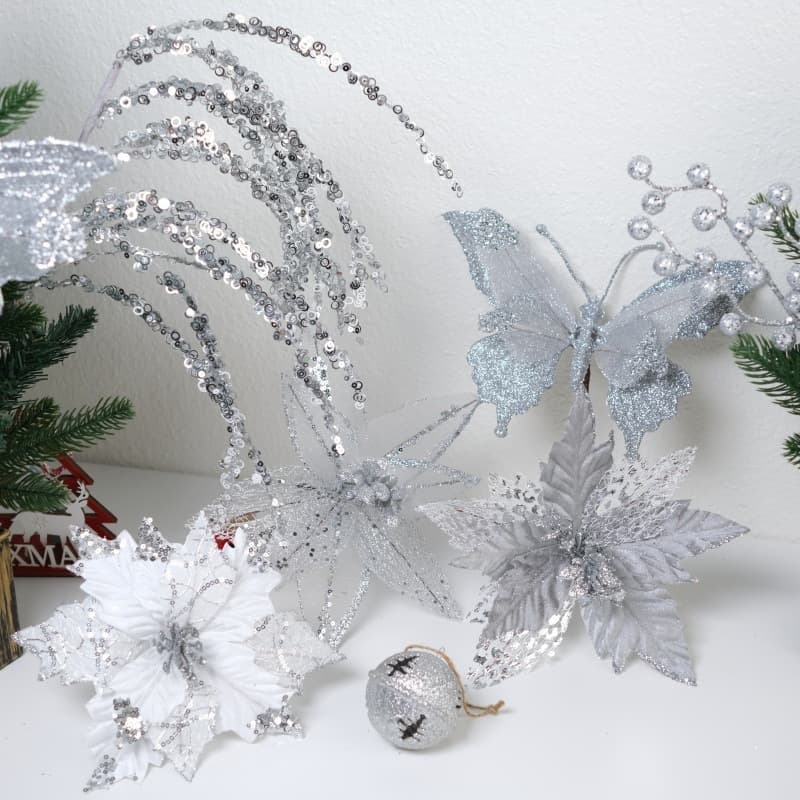 Cross-border Christmas Silver Christmas Flower Sequins Hollow Butterfly Christmas Tree Decoration Props Ornamental Flowers