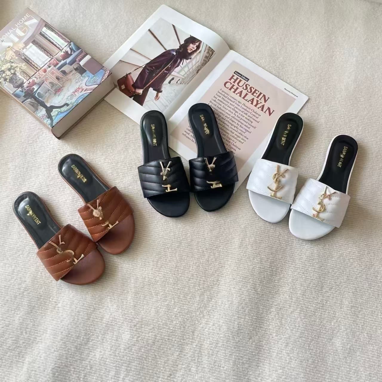 Cross-border High-end Export New Flat Slippers Y Classic Letter Metal Buckle Versatile Slip-on Shoes