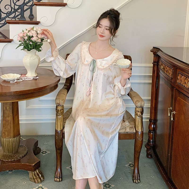 French New Style Pajamas Autumn Satin Sweet and Sexy Printed Long Nightgown Home Clothes Can Be Worn Outside Dresses for Women