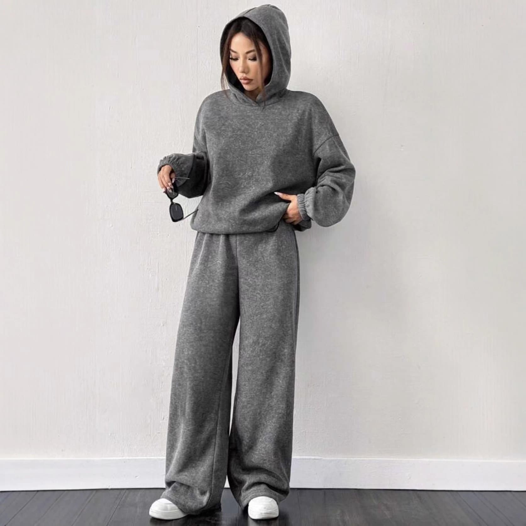 2025 autumn and winter new fashion casual knitted long-sleeved hooded loose sweatshirt casual suit