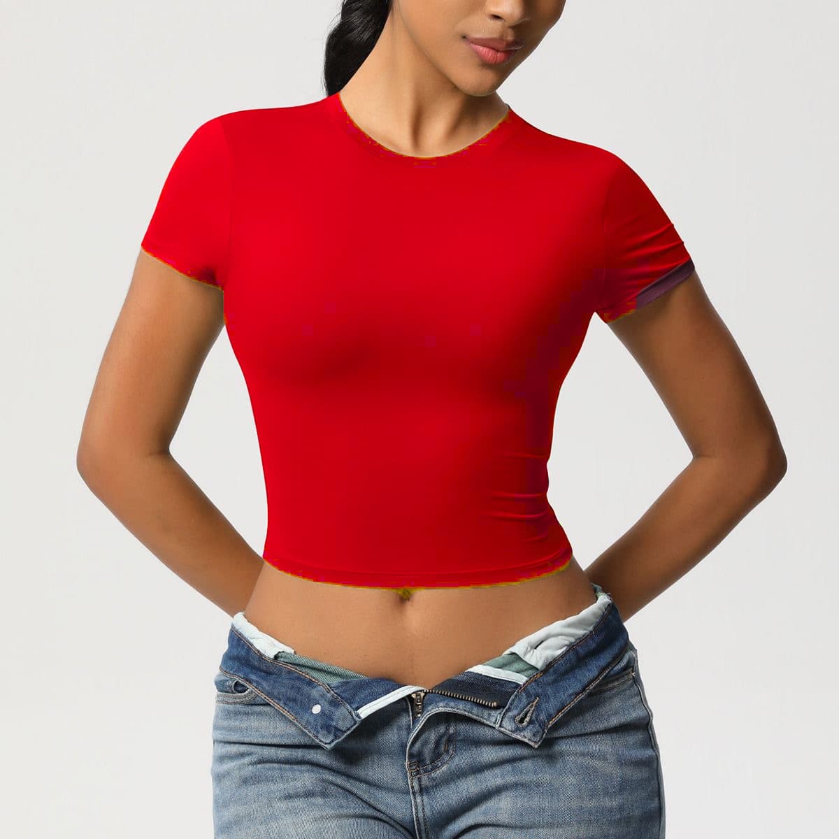 Red Export European and American Crop Top Short Sleeve T-Shirt for Women 2026 Summer New Crop Top Short Style Trendy Top