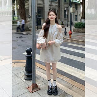 French Chic Puff Sleeve Off-Shoulder White Dress for Women, Summer 2026 New Arrival, Petite Fit Little White Dress
