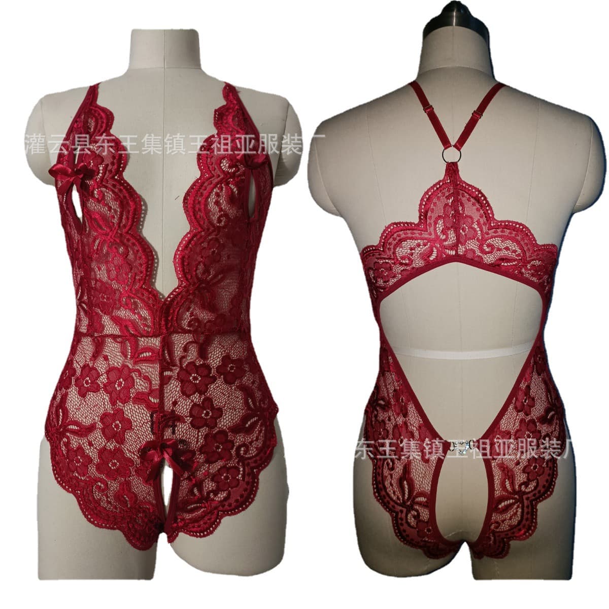 Open-crotch sexy lingerie, plus-size European and American style, lace bow pajamas, sexy backless one-piece bodysuit, no need to remove
