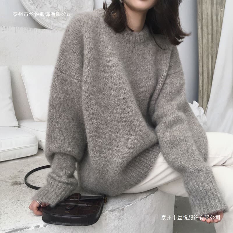 Solid Color Fuzzy Sweater for Women 2025 Autumn/Winter New Vintage Style Loose Fit Pullover Knit Top