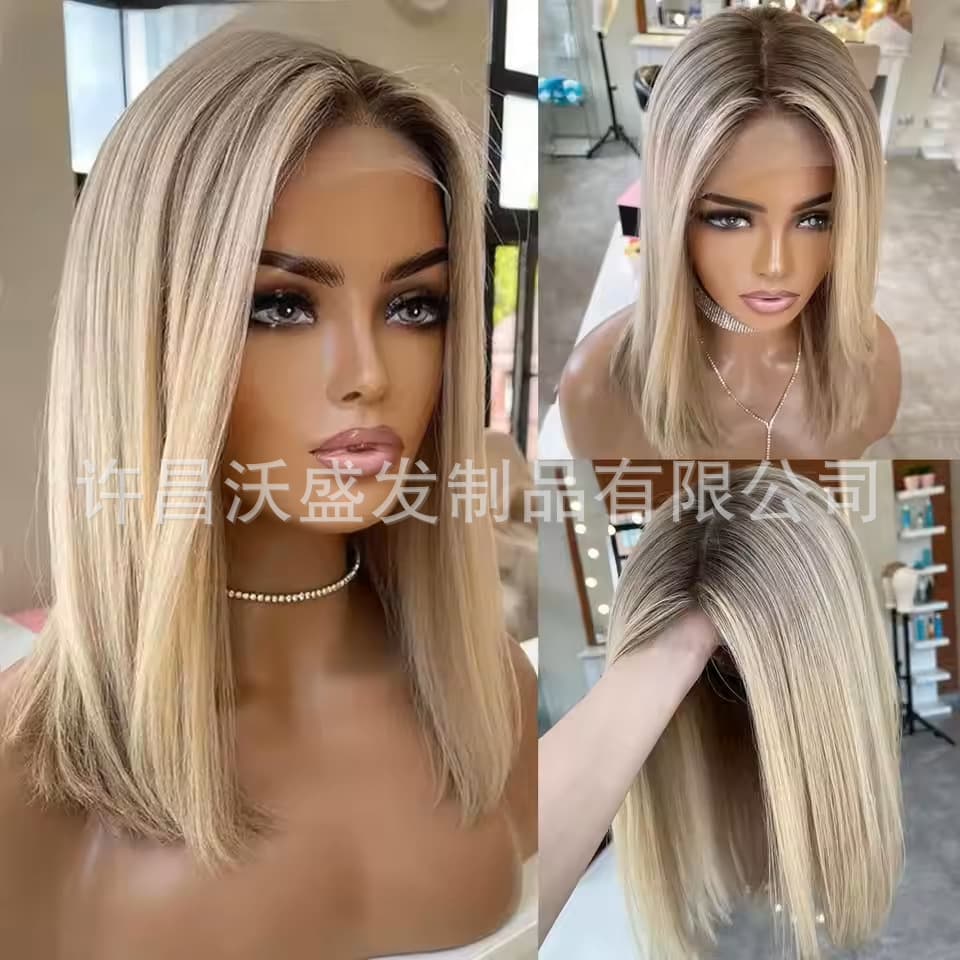 Ombre Ash Blonde Color Short Bob Human Hair Lace Wig Bob Headband