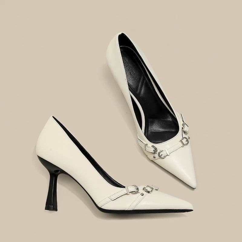 French Kitten Heel Pointed Toe Black High Heels Women's Shoes 2025 New Spring Autumn Elegant Socialite Silver Flats
