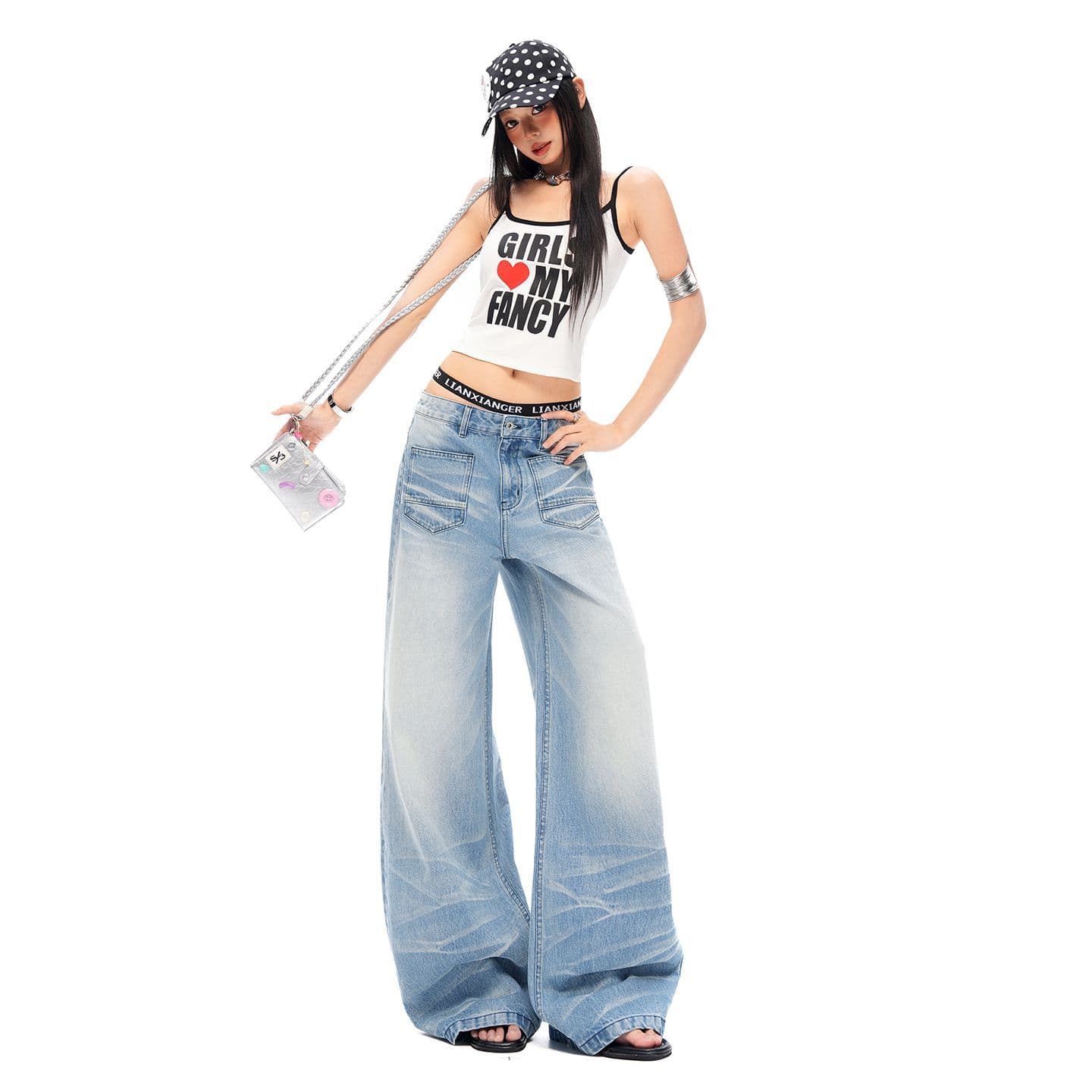 2026 Spring/Summer New Reverse Pocket Design Washed Cat Whisker Slightly Curved Blade Jeans Women Wide Leg Pants JEANS