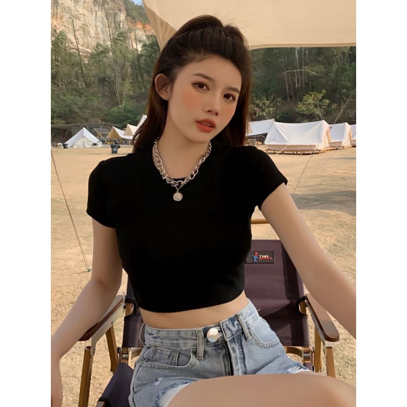 Black round neck short-sleeved crop top for women summer sweet and spicy style tight high-waisted T-shirt for small people slim fit navel-baring outfit