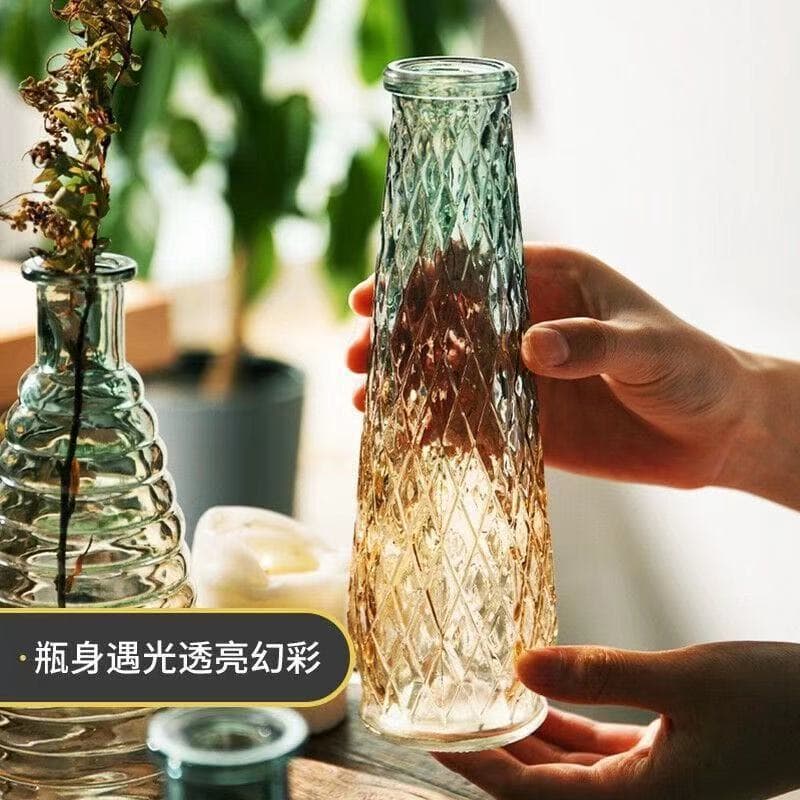 Vintage Embossed Vase Transparent Small Vase Decorative Gradient Home Flower Arrangement French Hydroponic Glass Bottle