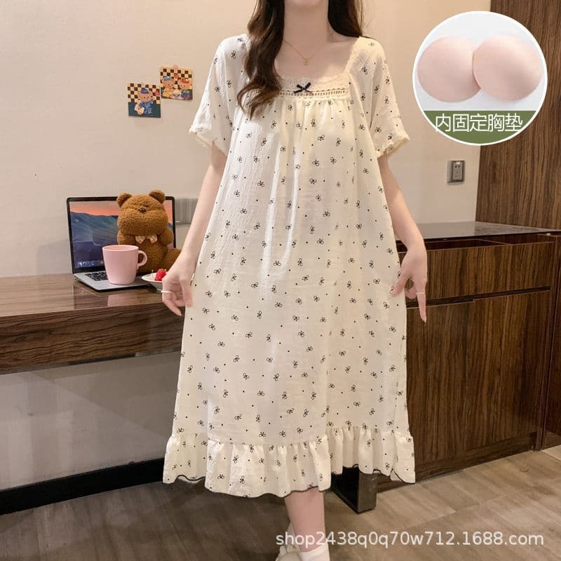 Summer Sweet Lace Nightgown for Women Plus Size Loose Cloud Cotton with Built-in Bra Square Neck Sleep Dress Women's Loungewear