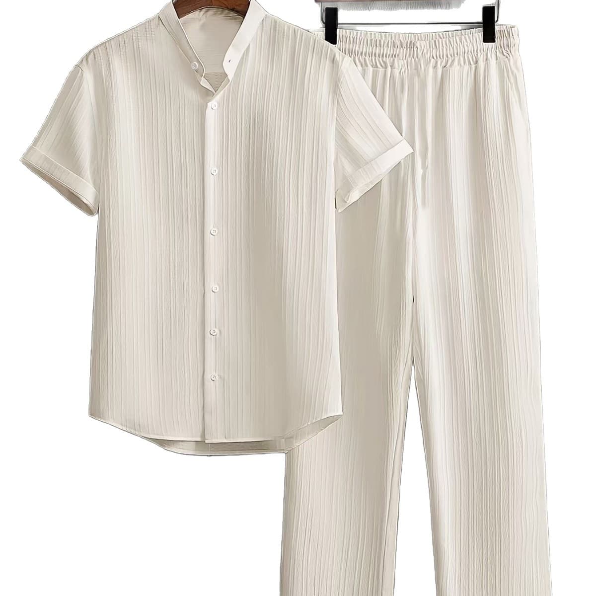 European and American Cross-border AliExpress Men's Casual Multi-color Beachwear Slub Texture Short Sleeve Two-piece Set