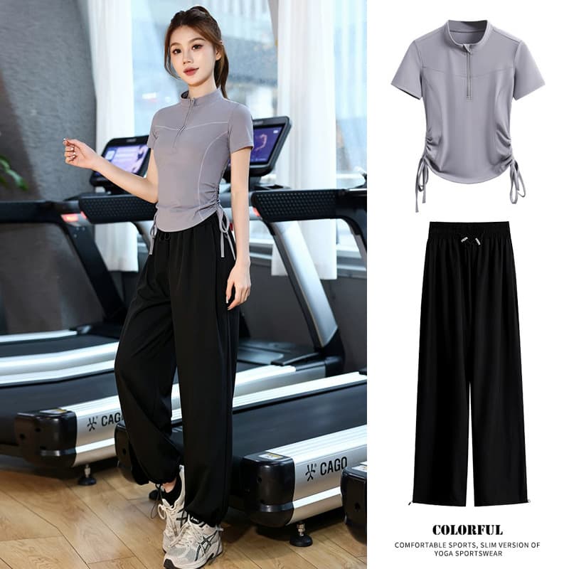 Cuffed Wide-Leg Sports Pants Set for Women, Half-Zip Fitted Short Sleeve Top, Gym Morning Yoga Running Suit Summer