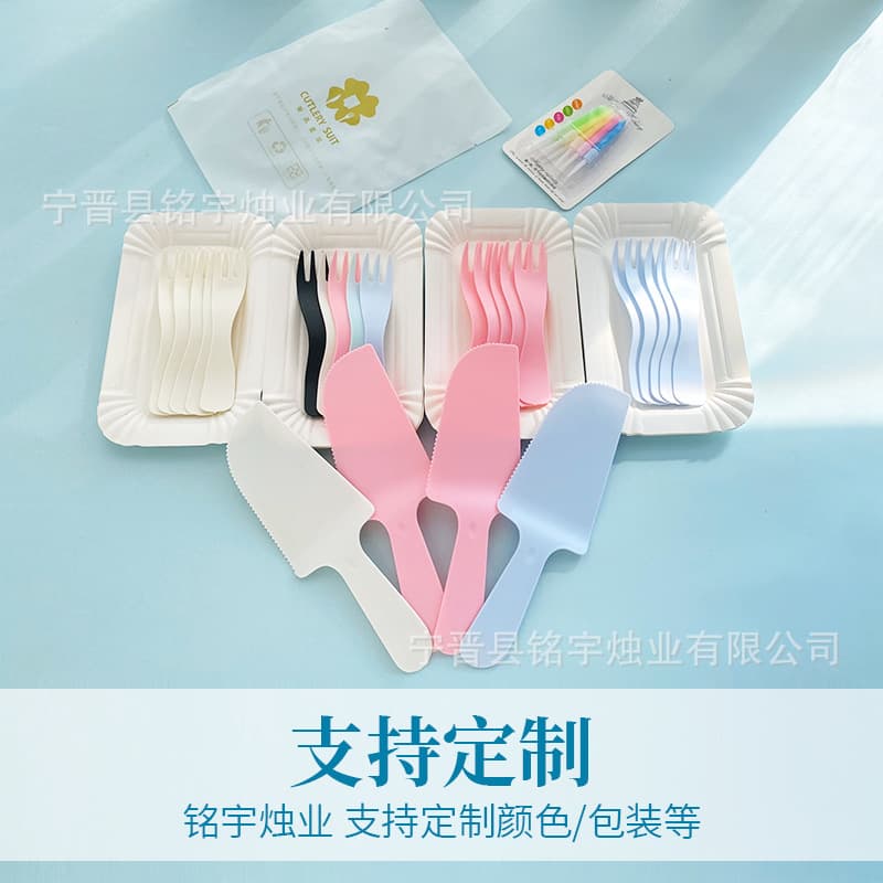 Custom Cake Plate Candle Knife Fork Set Disposable Tableware for Cake Shop Birthday Party