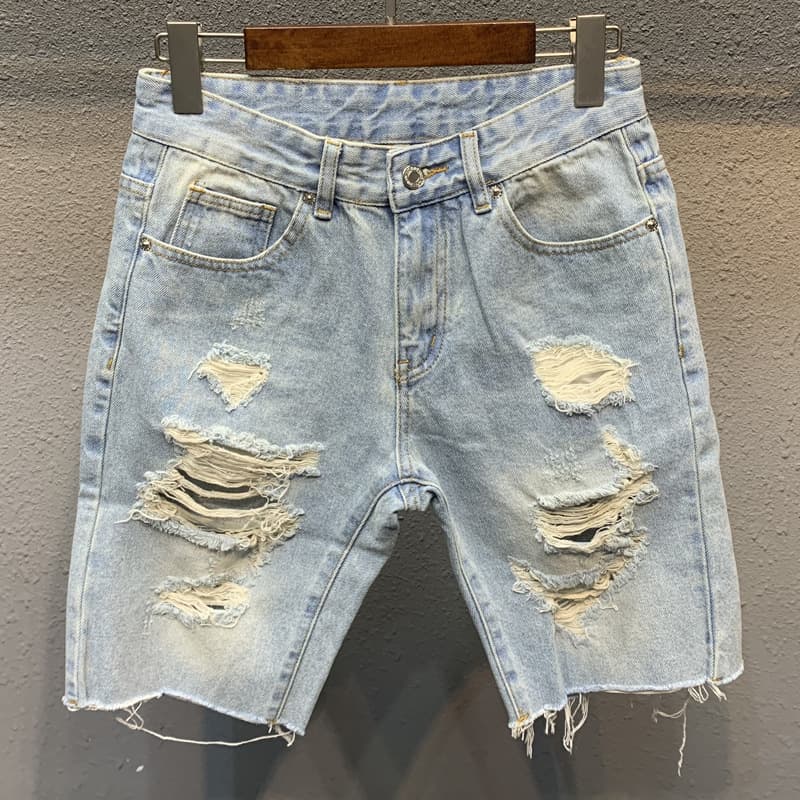 Ripped Denim Shorts for Men, Light Wash Five-Point Pants, Trendy and Versatile Loose Frayed Mid-Length Pants, Summer Beggar Pants