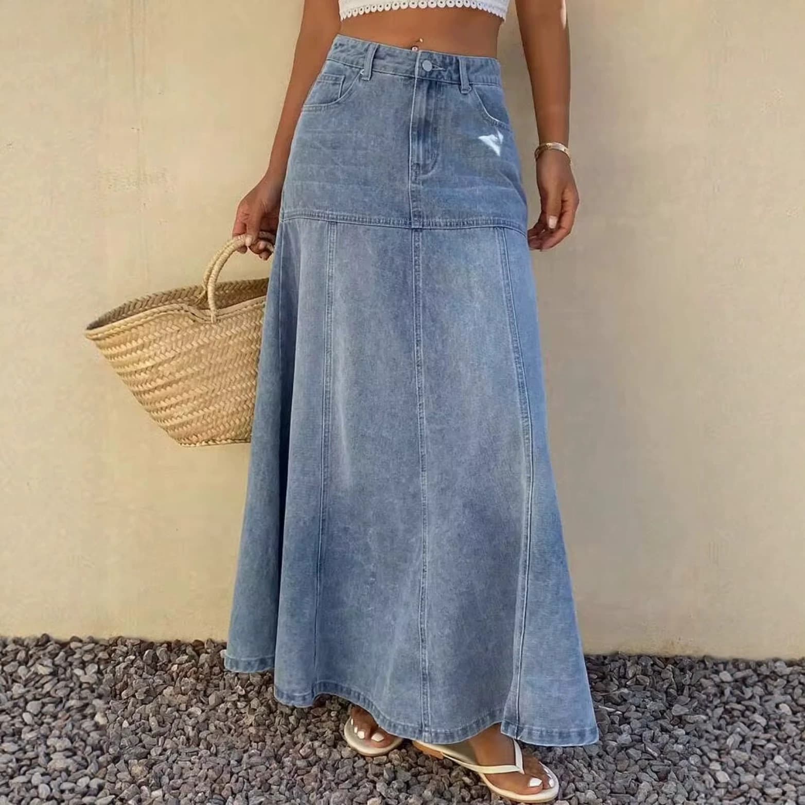 Fashion Blue Denim A-Line Skirt Women 2026 Spring New Korean Style High-Waist Slimming Flared Midi Skirt