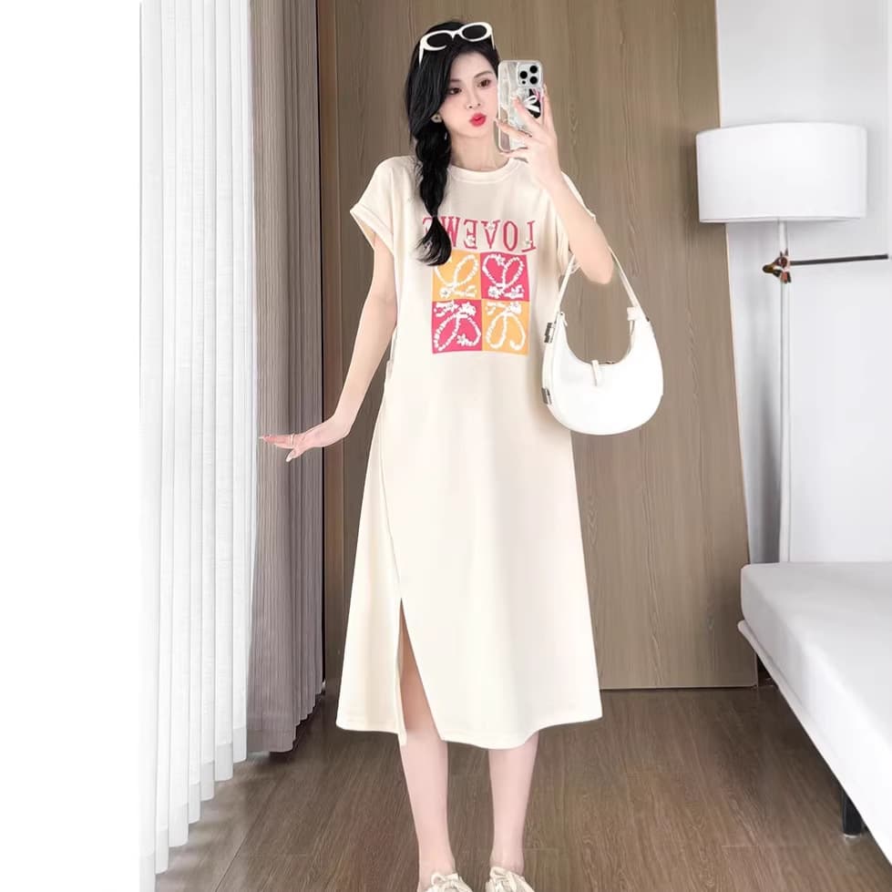 Maternity Dress Summer 2026 New Style Apricot Color Casual Fashion Slimming Look Printed Thin Short-Sleeved Mid-Length Dress