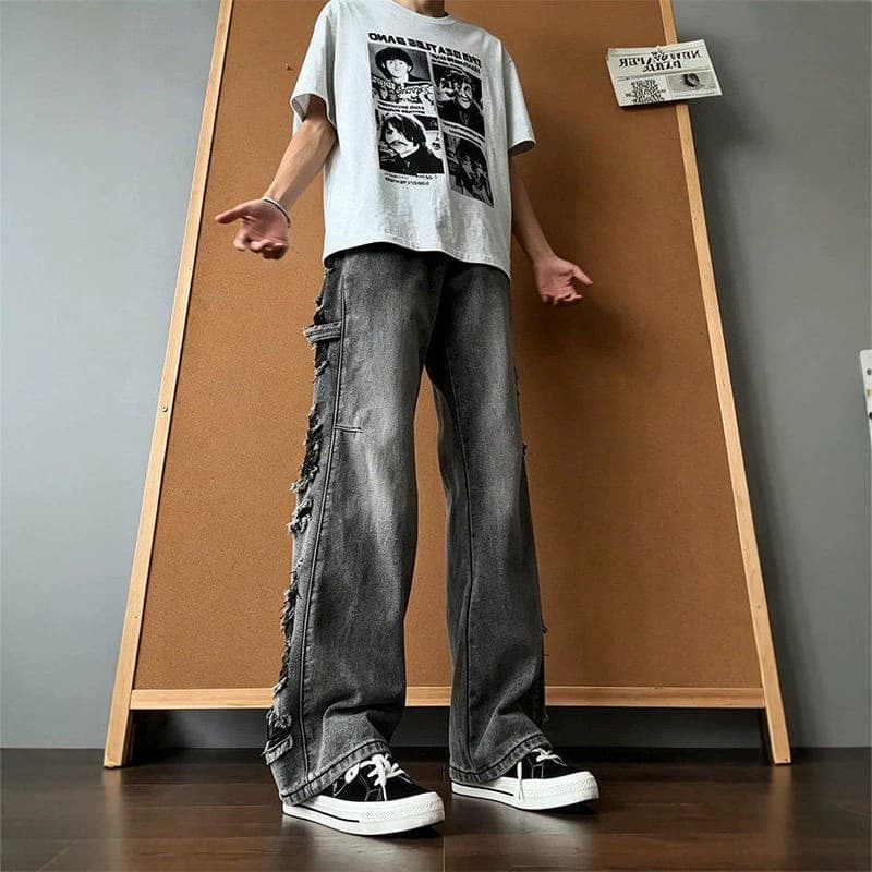 American high street beggar ripped jeans men's summer design sexy street pants cleanfit straight wide leg pants