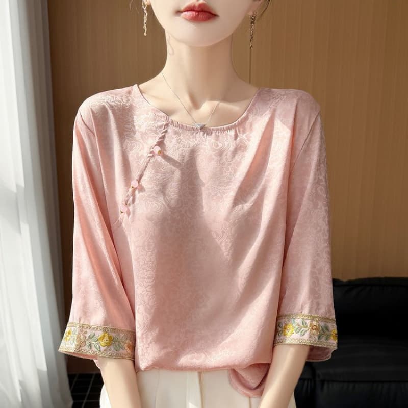 Women's Round Neck Three-Quarter Sleeve T-Shirt Chinese Style Top Satin Fabric Three-Quarter Sleeve Blouse Base Layer