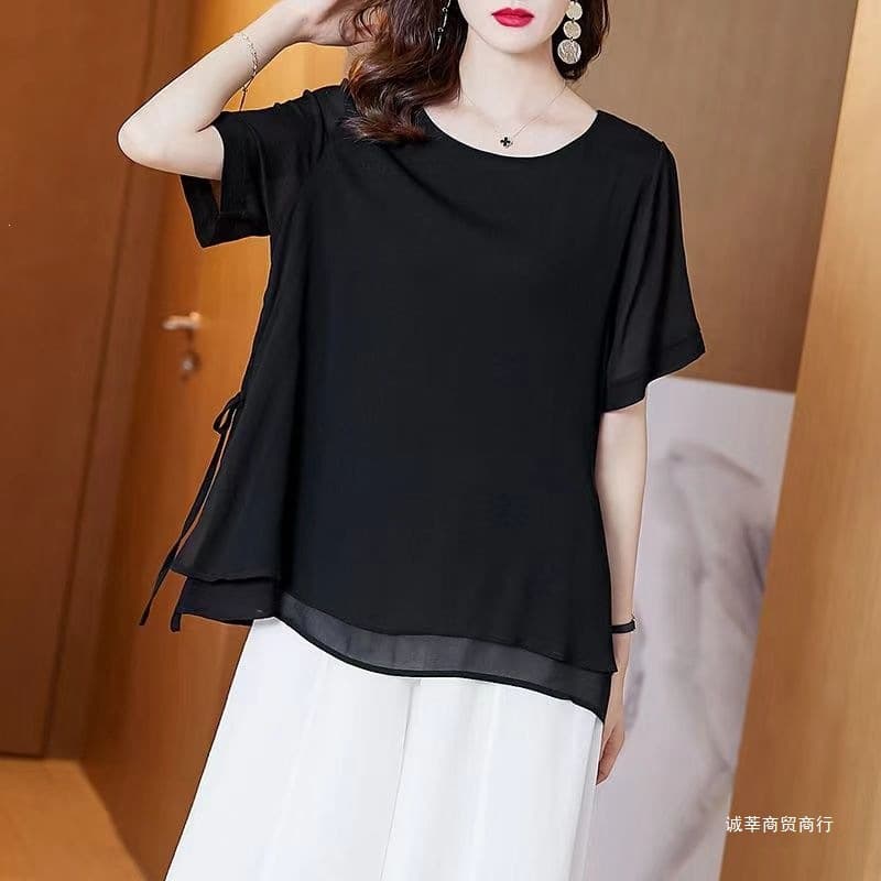 Plus Size Chiffon Blouse for Women Summer New Loose Fitting Slimming Short Sleeve Top Black Chiffon Shirt Cover Belly