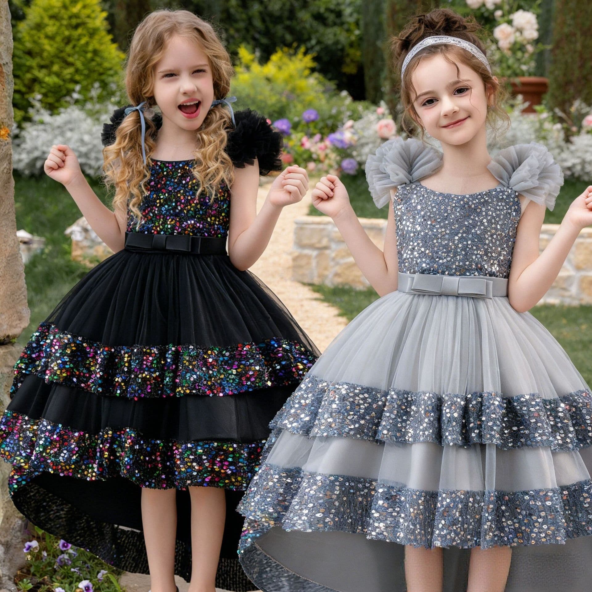 European and American Girls' Christmas Party Dress, Sequin Train Princess Dress, Flower Girl Birthday Dinner Piano Performance Costume